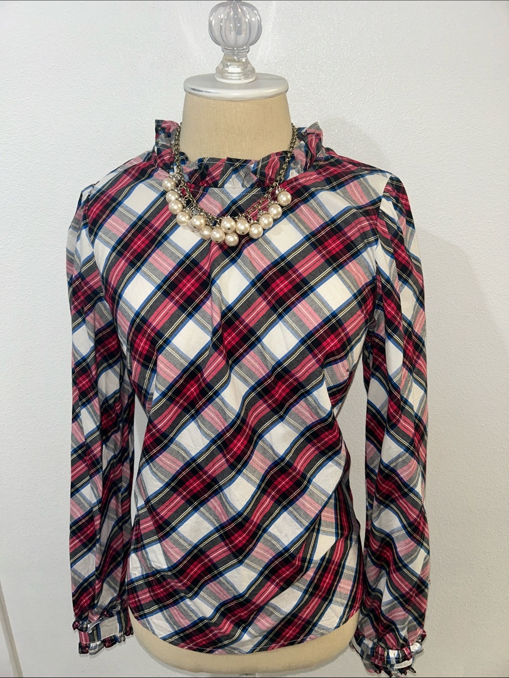 J. Crew Factory Red, White and Navy Plaid Ruffle-Neck Long Sleeve Top